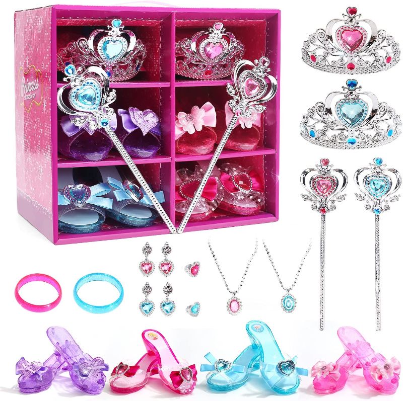 Photo 1 of CUTE STONE Princess Dress Up Shoes and Jewelry Toys, Pretend Play Fashion Princess Accessories of Crowns, Necklaces, Bracelets, Rings, Beauty Gifts for 3,4,5,6 Years Old Little Girls
