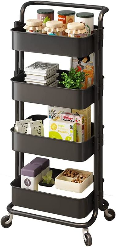 Photo 1 of 4 Tier Cart Rolling Utility Organizer Trolley Storage Shelf Rack with Lockable Wheels and Handles for Living Room Kitchen Office (4 Tier-Black)
