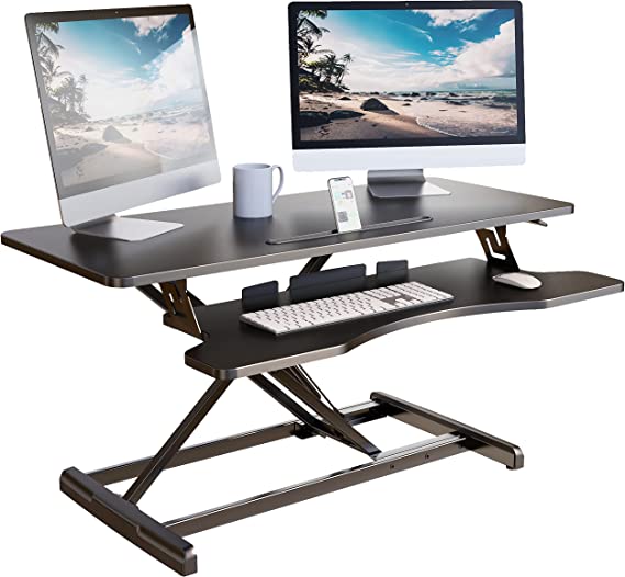 Photo 1 of Lubvlook Standing Desk Converter, 37.4" Height Adjustable Sit Stand Desk Riser for Dual Monitors with Keyboard Tray, Black