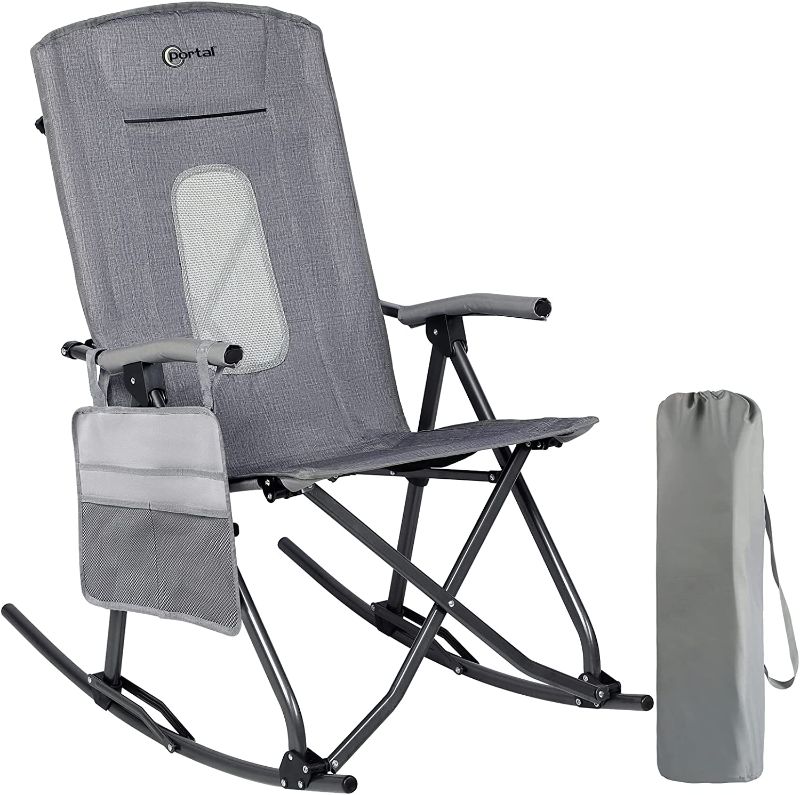 Photo 1 of PORTAL Oversized Quad Folding Camping Rocking Chair High Back Hard Armrest Carry Bag Included, Support 300 lbs (Dark Grey)