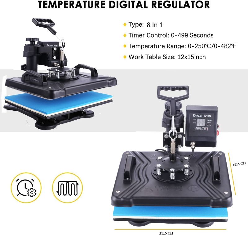 Photo 1 of 8 in 1 Heat Press Machine for t Shirts Professional Heat Transfer Machine12" X 15" Swing Away Shirt Printing Multifunctional Sublimation Machine Digital Shirt Pressing Machine for Tshirt,Hat,Mug,Plate