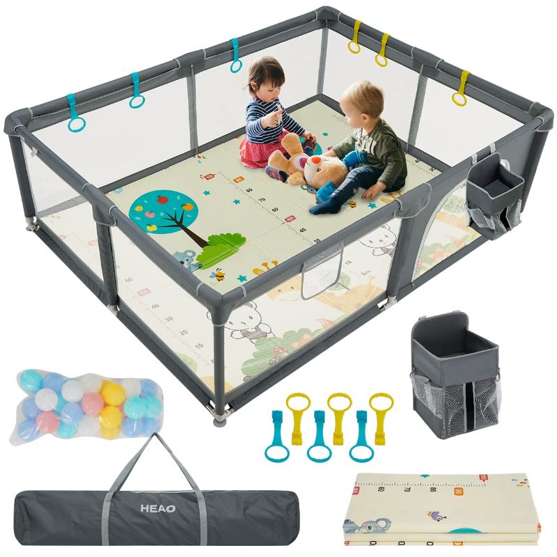 Photo 1 of HEAO Baby Playpen with mat for Babies,79x59" Extra Large playpen with Stroage Bag, Baby Fence Play Area for Indoor Outdoor, (Grey) Balls not included !!!
