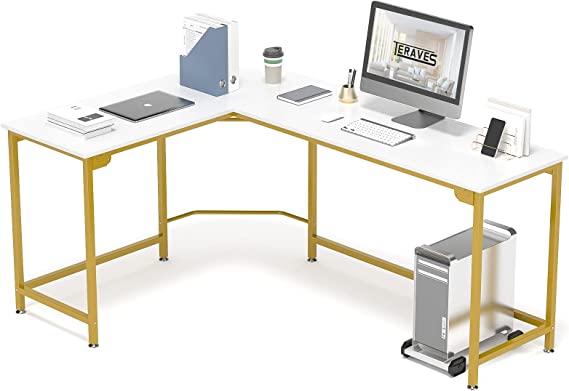 Photo 1 of Teraves Modern L-Shaped Desk Corner Computer Desk Home Office Study Workstation Wood & Steel PC Laptop Gaming Table(Small, White)