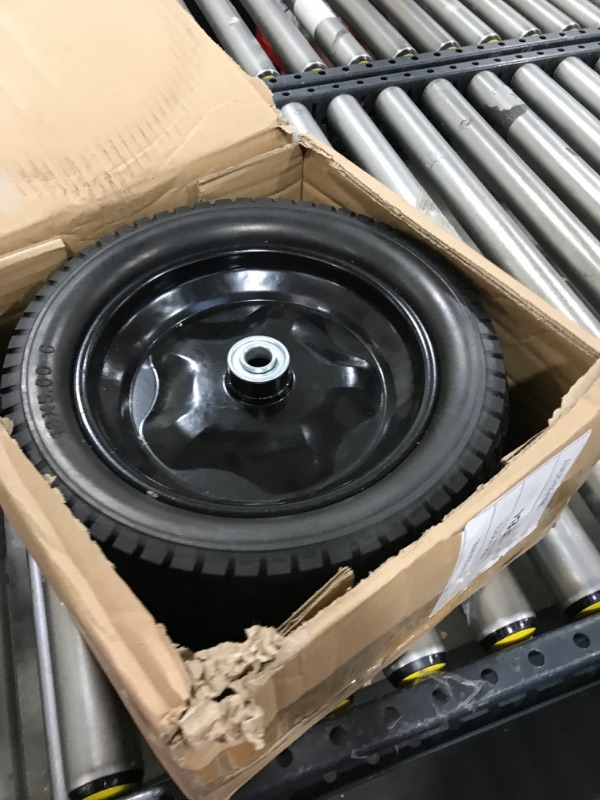 Photo 2 of 2 Pack Small 13x5.00-6 Flat Free Tire,Turf Tread,2.25"offset hub with steel rim ,5/8" ball bearing , Tire OD:299-309mm,12'',Tire SW:88.5-94.5mm, PU Foam wheel,small solid trolley wheel