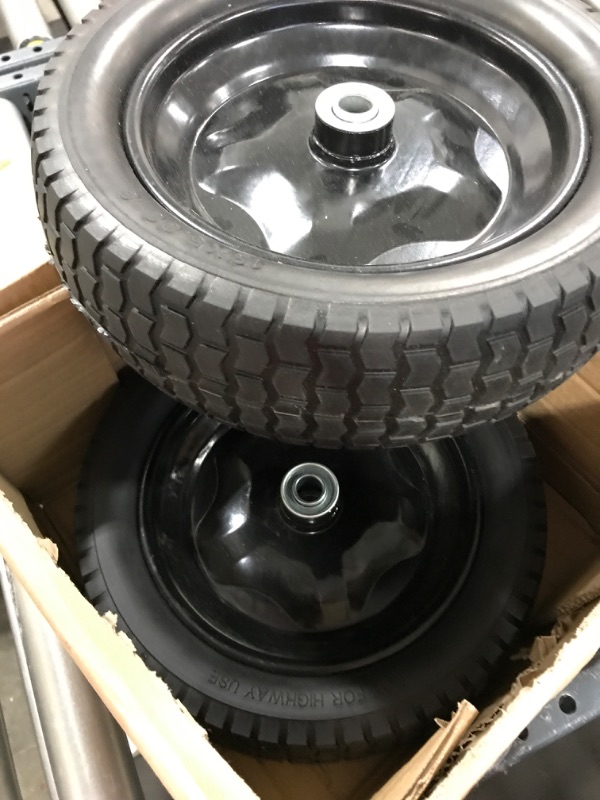 Photo 3 of 2 Pack Small 13x5.00-6 Flat Free Tire,Turf Tread,2.25"offset hub with steel rim ,5/8" ball bearing , Tire OD:299-309mm,12'',Tire SW:88.5-94.5mm, PU Foam wheel,small solid trolley wheel