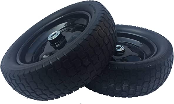 Photo 1 of 2 Pack Small 13x5.00-6 Flat Free Tire,Turf Tread,2.25"offset hub with steel rim ,5/8" ball bearing , Tire OD:299-309mm,12'',Tire SW:88.5-94.5mm, PU Foam wheel,small solid trolley wheel