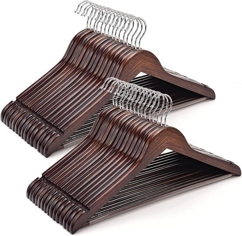 Photo 1 of Amber Home Solid Wood Suit Coat Hangers 30 Pack, Smooth Retro Finish Wooden Dress Hangers with Non Slip Pant Bar, Clothes Hangers with 360 Swivel Hook & Notches for Jacket, Pant, Shirt (Retro, 30)
