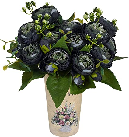 Photo 2 of 4 Packs Artificial Peony Silk Flowers Fake Glorious Flower Bouquets for Wedding Party Bridal Home Decoration, 5 Forks, 9 Head (Black)
