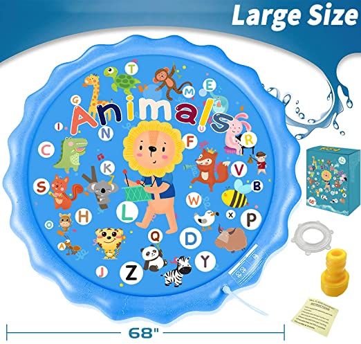 Photo 1 of Kidcia Splash Pad, 68” Sprinkler for Kids & Toddlers, Kids Sprinkler Pool for Outdoor Summer Game & Party, Wading Pool for Learning-A-Z Alphabet & Animals Educational Design
