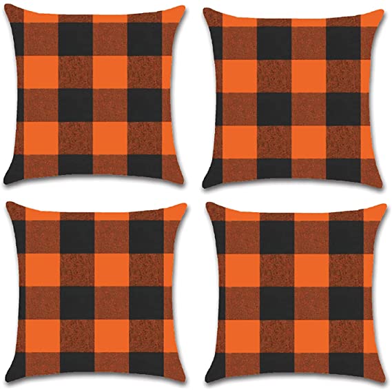 Photo 1 of Buffalo Plaid Pillow Covers, Set of 4 Pillow Covers 18x18 Linen\ Farmhouse Outdoor Orange Pillow Case, Fall Decorative Throw Pillow Covers for Home Decor Sofa Bedroom
