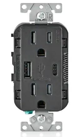 Photo 1 of 15 Amp Decora Type A and C USB Charger Tamper-Resistant Outlet, Black
