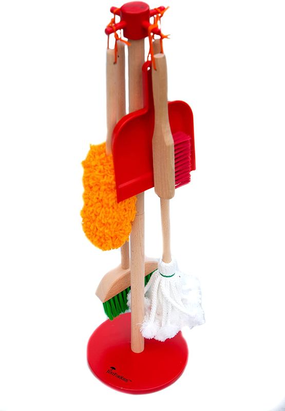 Photo 1 of JustForKids Wooden Detachable Kids Cleaning Toy Set - Duster, Brush, Mop, Broom and Hanging Stand Play - Housekeeping Kit - STEM Toys for Toddlers Girls & Boys, Total 6 Pieces,Multi Color,10071
