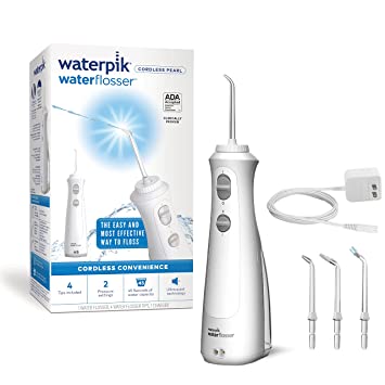 Photo 1 of  
Waterpik Cordless Pearl Rechargeable Portable Water Flosser for Teeth, Gums, Braces Care and Travel with 4 Flossing Tips, ADA Accepted, WF-13 White
