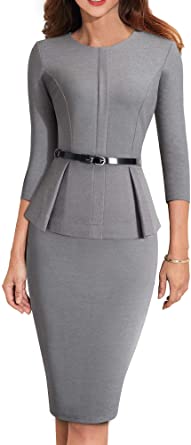 Photo 1 of HOMEYEE Women's 3/4 Sleeve Office Wear Peplum Dress with Belt B473
SIZE M