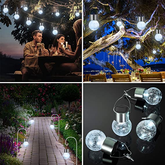 Photo 1 of 4 Pack Outdoor Hanging Solar Lights - Solar Powered Crackle Glass Ball Lights Waterproof  
