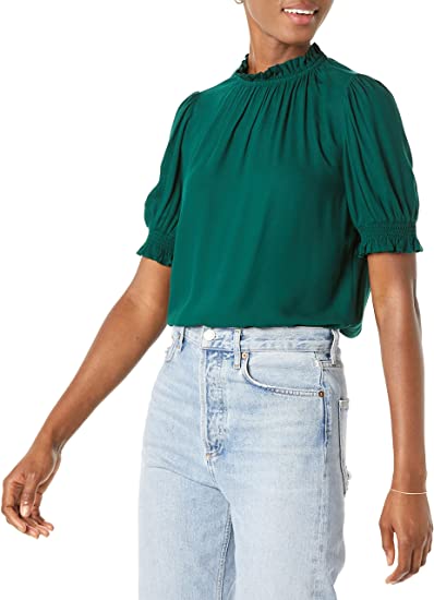Photo 1 of Amazon Essentials Women's Fluid Twill Short Puff Sleeve Smock Detail Shirt, SIZE M
