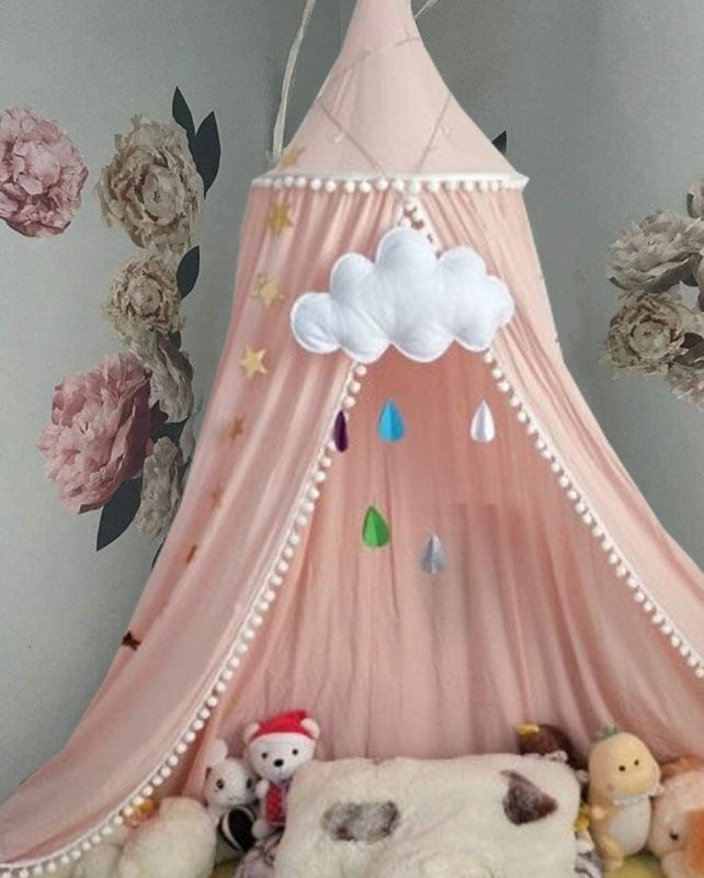 Photo 1 of Bed Canopy for Girls Bed with Pom Pom, Cotton Dome Mosquito Net for Baby, Kids Indoor Outdoor Playing Reading, Bedroom Decoration (Peach Pink)
