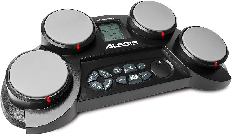 Photo 1 of Alesis CompactKit 4 – Tabletop Electric Drum Set with 70 Electronic and Acoustic Drum Kit Sounds, 4 Pads, and Drum Sticks
BOTTOM LEFT DRUM DOSENT WORK, MISSING PLUGS, NEEDS C BATTERIES 