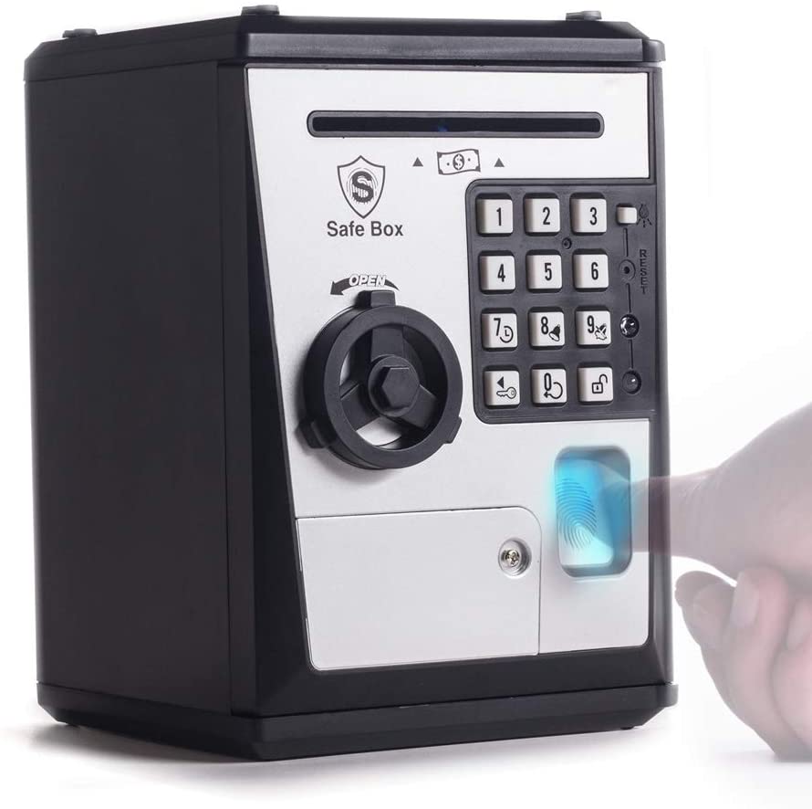 Photo 1 of LIKE Toy Piggy Bank Safe Box Fingerprint ATM Bank ATM Machine Money Coin Savings Bank for Kids (Silver) UNABLE TO TEST

