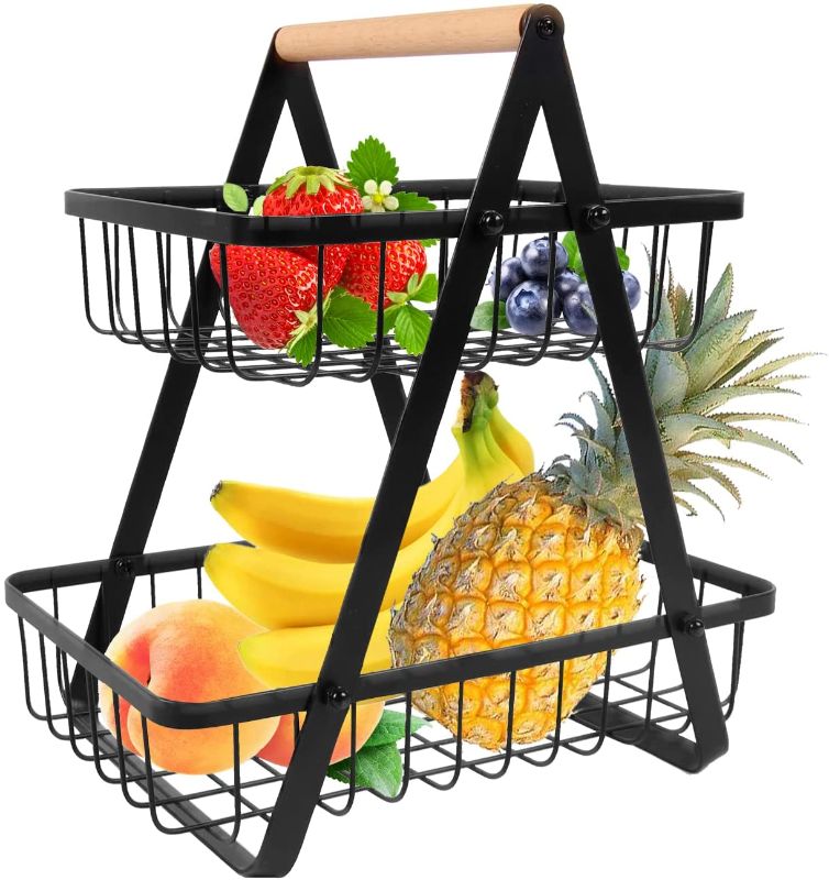 Photo 1 of 2 Tier Fruit Basket Eazylife Small Detachable Portable Fruit Bowl for Kitchen Counter with Handle Black