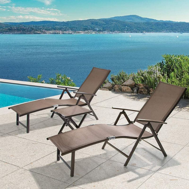 Photo 1 of Crestlive Products Folding Patio Chaise Lounge Chair for Outside, Set of 2 with Table, Aluminum Adjustable Outdoor Pool Recliner Chair, Brown Frame, 8 Positions (Brown)
