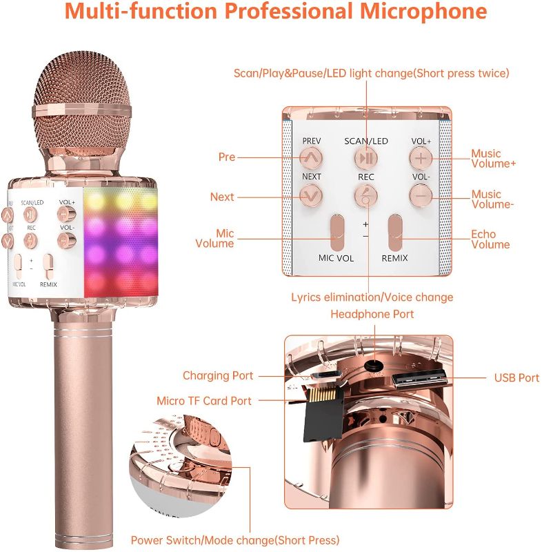 Photo 1 of OVELLIC Karaoke Microphone for Kids, Wireless Bluetooth Karaoke Microphone with LED Lights, Portable Handheld Mic Speaker Machine, Great Gifts Toys for Girls Boys Adults All Age (Rose Gold)

