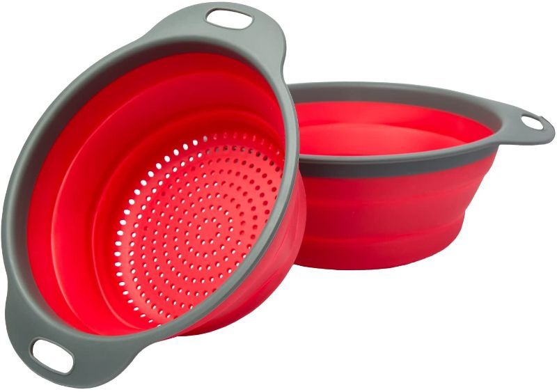 Photo 1 of Colander Set - 2 Collapsible Colanders (Strainers) Set By Comfify - Includes 2 Folding Strainers Sizes 8" - 2 Quart and 9.5" - 3 Quart Red and Grey
