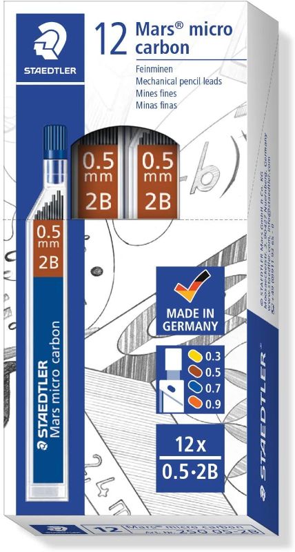 Photo 1 of STAEDTLER Mars Micro Carbon Mechanical Pencil Refills, Tube of 12 0.5mm 2B Soft Fine Point Graphite Leads, 250 05-2B
