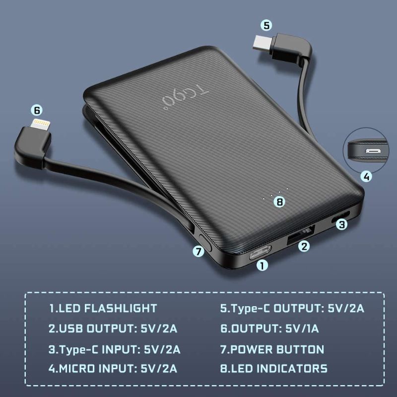 Photo 1 of Cell Phone External Battery Packs TG90 6000mAh Power Bank with Built in Lightning Cable Portable Charger Battery Backup Compatible with iPhone Android Phone Power Packs
