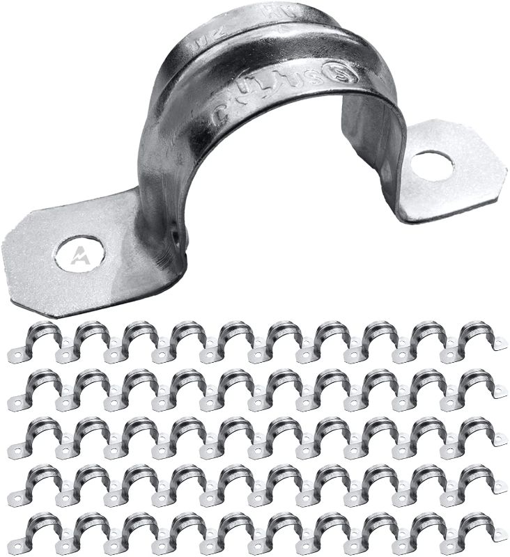 Photo 1 of (Pack of 50) AP-10451, 3/4 Inch Two Hole Snap On Pipe Strap for EMT Conduit Installation, Reinforced Rib for Extra Strength, Galvanized Zinc Plated Metal, Tension Clamp for Easy Snap-On
