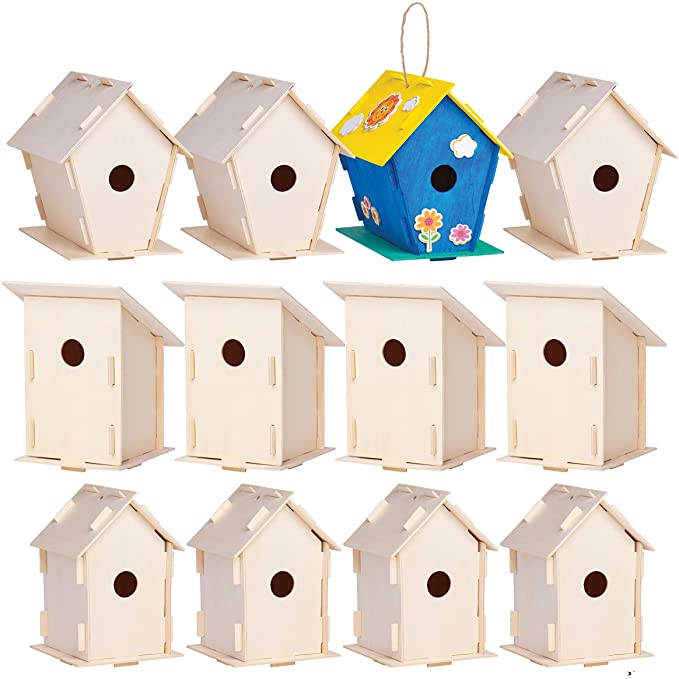 Photo 1 of 12 Wooden Birdhouses - Crafts for Girls and Boys - Kids Bulk Arts and Crafts Set - 12 DIY Unfinished Wood Bird House Kits, 12 Paint Strips, 12 Paintbrushes & Stickers for Children to Build & Paint