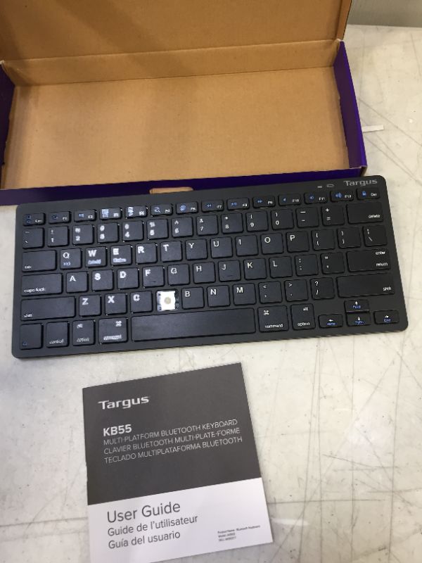 Photo 2 of Targus Multi-Platform Bluetooth Keyboard Slim Compact Design with Scissor Switch Keys, Battery Life Indicator Compatible with Windows, Mac, iOS and Android, Black (AKB55TT)
(missing a key)