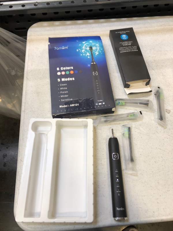 Photo 2 of am2m Sonic Electric Toothbrush with 6 Brush Heads for Adults and Kids, Wireless Fast Charge, One Charge for 60 Days,5 Modes with 2 Minutes Build in Smart Timer, Electric Toothbrushes(Black) - missing charging cord and 2 heads