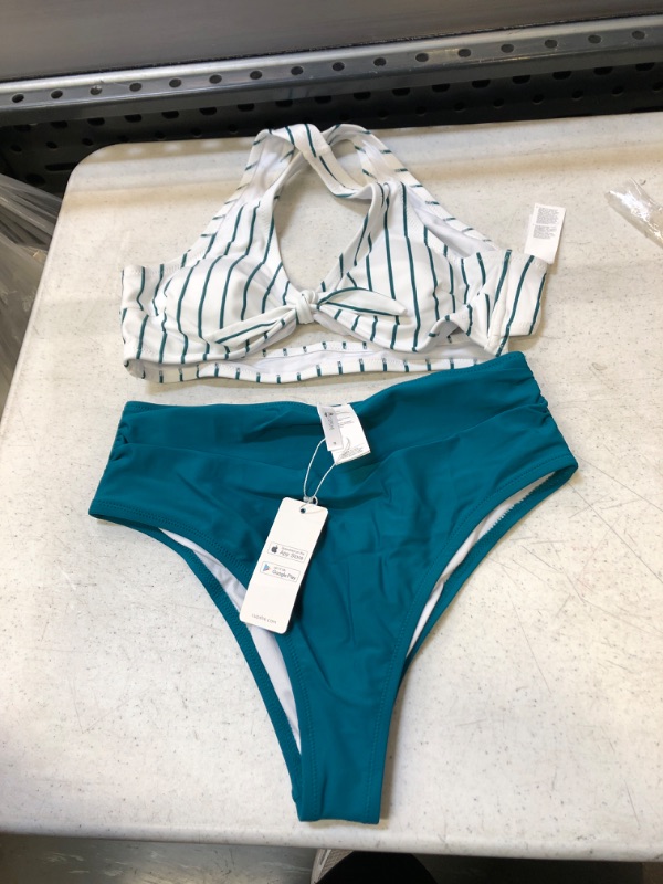 Photo 2 of 
Teal Solid And Striped High Waisted Bikini size small 