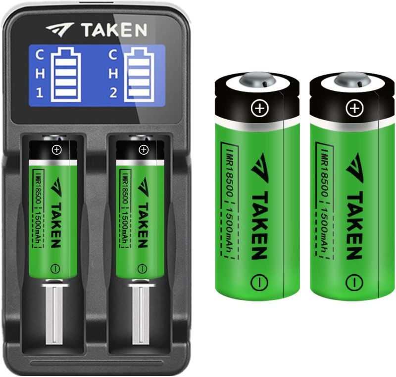 Photo 1 of 18500 Batteries with Charger, TAKEN IMR 18500 1500mAh 3.7V Li-ion Rechargeable Battery with Button Top, 4 Pack 18500 Rechargeable Battery with 2-Ports Charger
