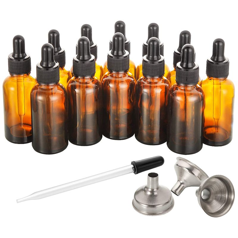 Photo 1 of 12, 1 oz Dropper Bottles for Essential Oils with 3 Stainless Steel Funnels & 1 Long Glass Dropper - 30ml Amber Glass Bottles with Eye Droppers - Tincture Bottles, Leak Proof Travel Bottles for Liquids