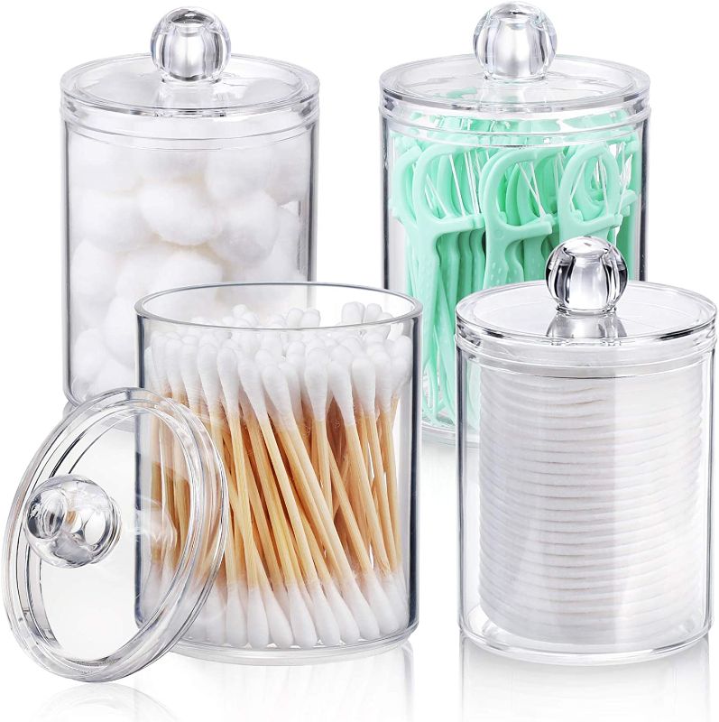 Photo 1 of 4 Pack Qtip Holder Dispenser for Cotton Ball, Cotton Swab, Cotton Round Pads, Floss - 10 oz Clear Plastic Apothecary Jar Set for Bathroom Canister Storage Organization, Vanity Makeup Organizer