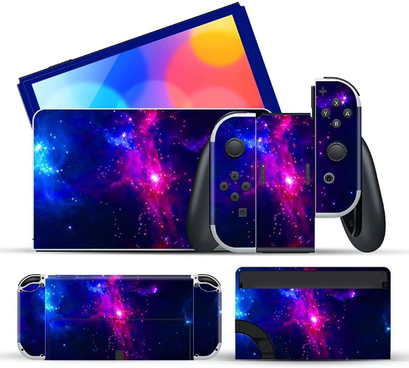 Photo 1 of  Full Set Protective Stickers+2Pcs Screen Protector for Nintendo Switch, Customized Vinyl Decal Skins for Switch OLED Console & Joycon & Dock & Grip Protection Kit-Blue Purple Galaxy