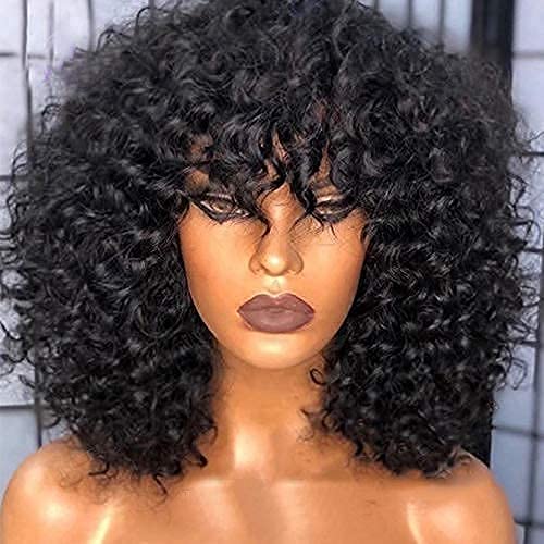 Photo 1 of 200 Density Scalp Top Curly Full Machine Made Human Hair Wigs with Bangs Remy Brazilian Short Curly Wig For Women (16 inch)