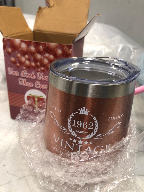 Photo 2 of 1962 60th Birthday Presents for Women/Men |Vintage Aged to Perfection Insulated Stainless Steel Tumbler/Coffee Cup/Mug/Wine Glass w/Lid & Straw/ Funny Anniversary Ideas(12 oz, 1962 Rose Gold)