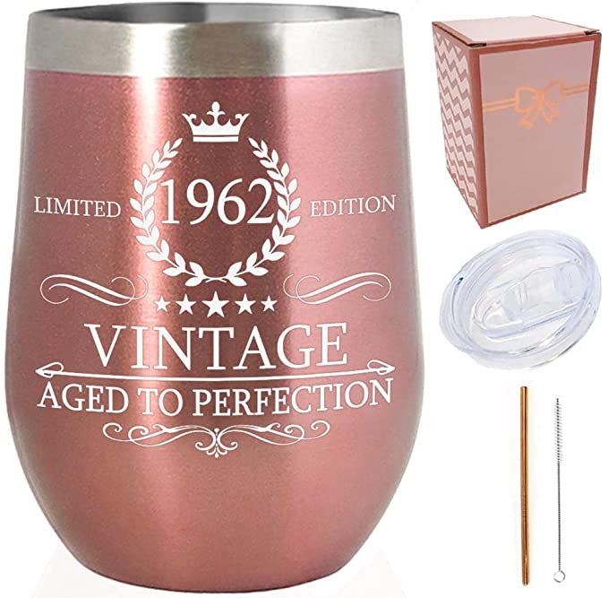 Photo 1 of 1962 60th Birthday Presents for Women/Men |Vintage Aged to Perfection Insulated Stainless Steel Tumbler/Coffee Cup/Mug/Wine Glass w/Lid & Straw/ Funny Anniversary Ideas(12 oz, 1962 Rose Gold)