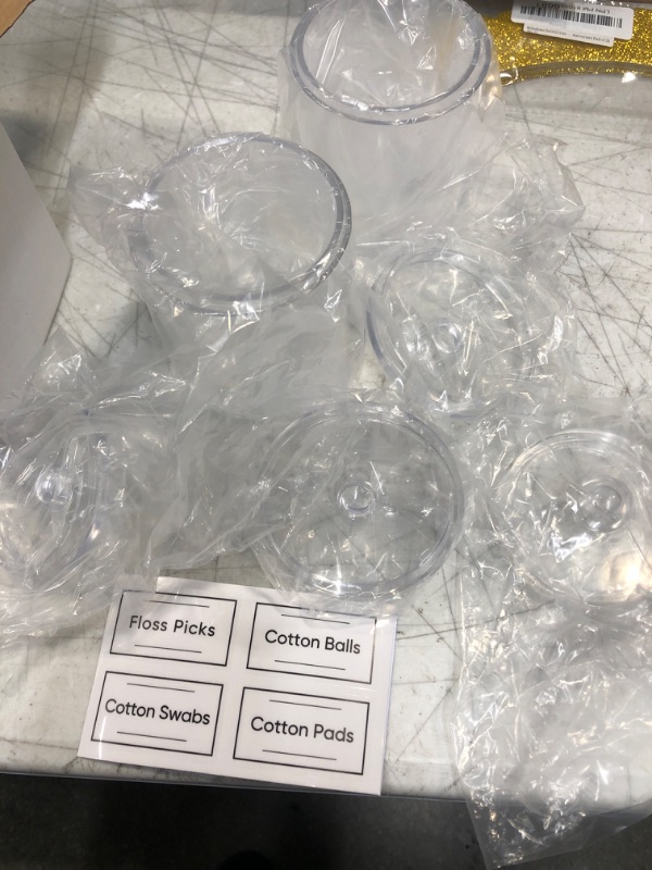 Photo 2 of 4 Pack 10oz Plastic Cotton Swab Ball Pad Holders,Clear Acrylic Jars with Lids,Plastic Apothecary Jar Make up Organizer Container for Cotton Swab,Cotton Rounds,Cotton Ball,Floss Picks,Bath Salts