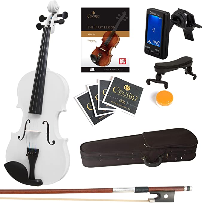 Photo 1 of ?Mendini By Cecilio Violin For Kids & Adults - 4/4 MV White Violins, Student or Beginners Kit w/Case, Bow, Extra Strings, Tuner, Lesson Book - Stringed Musical Instruments