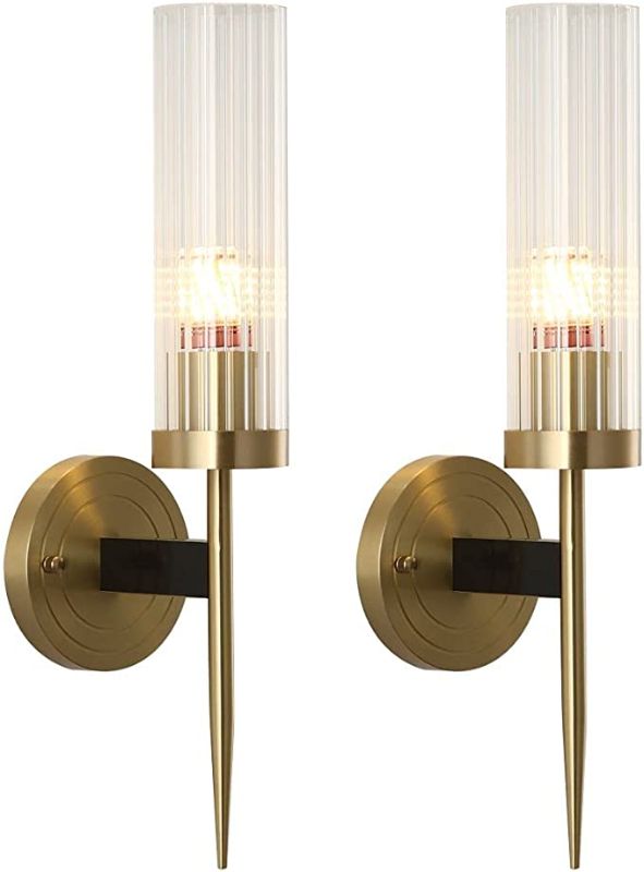 Photo 1 of BOKT Modern Wall Sconce Mid-Century Clear with Crystal Cylindrical Lampshade Minimalist New Year Decor Vanity Lighting for Bathroom Bedroom Living Room Hallway(1-Light Brass,2Pack)