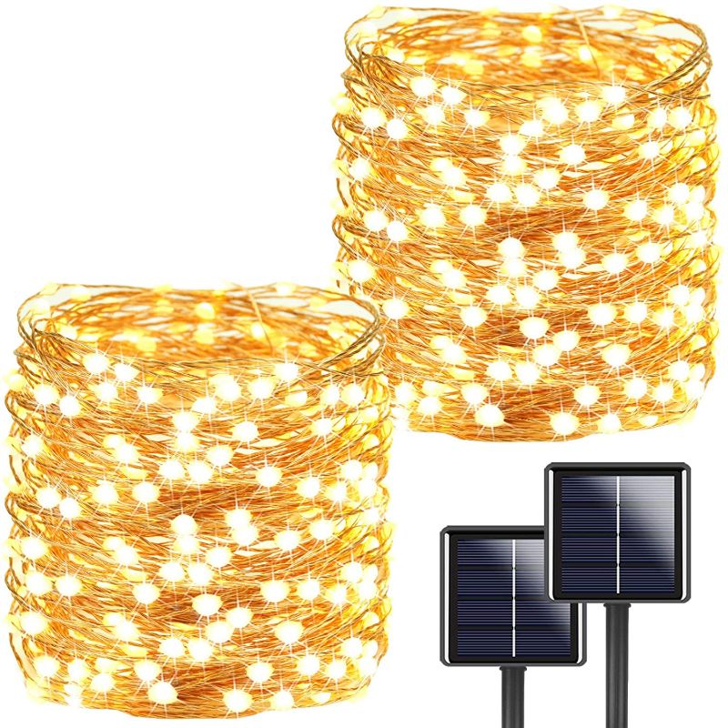 Photo 1 of 2-Pack Each 72FT 200 LED Solar String Lights Outdoor, Super Bright Solar Outdoor Lights (Upgraded Larger LED Beads), 8 Modes Solar Fairy Lights for Garden Tree Patio Party (Warm White)
