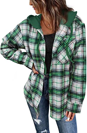 Photo 1 of KIRUNDO Women's Long Sleeve Plaid Hoodies Jacket Shirts Casual Loose Button Down Shacket Jacket Blouse Tops ( SIZE SMALL ) ( COLOR : GREEN ) 
