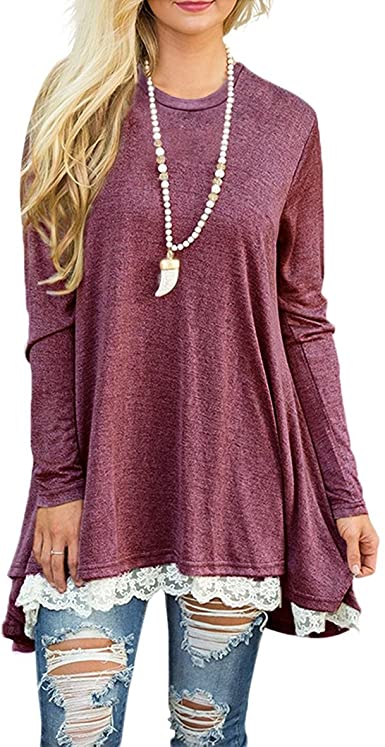 Photo 1 of -SIZE XL- Women's Tops Long Sleeve Lace Scoop Neck A-line Tunic Blouse (Red)