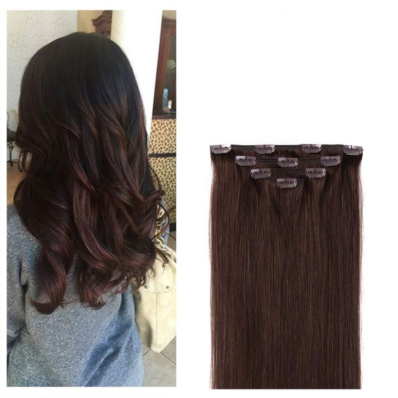 Photo 1 of 14" Clip in Hair Extensions Remy Human Hair for Women - Silky Straight Human Hair Clip in Extensions 120grams 8pieces Dark Brown 
