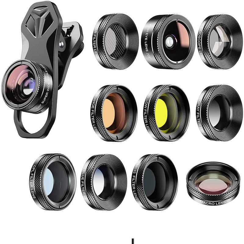 Photo 1 of Explopur APL-DG11 Universal Professional Phone Camera Lens Kit 11in1 Micro Lens 140° Wide Angle Lens 205° Fisheye Lens Kaleidoscope Lens Grad Color & Full Color Filters ND32 CPL Star Filters
