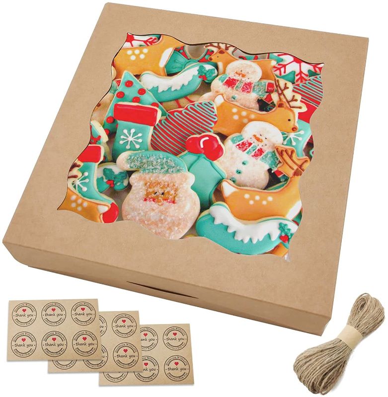 Photo 1 of  LASOA Kraft Bakery Cake Boxes with Window, Auto-pop Gift Boxes Donuts Cookie Boxes with Strickers and Twine, Perfect for Mother's Day,Thanksgiving,Party Favor,8x8x2.5 Inches,15 PCS
